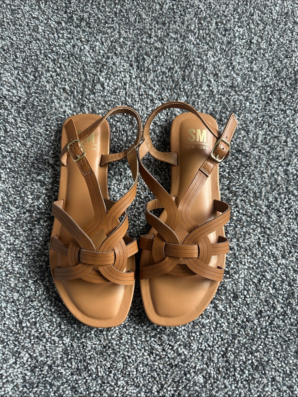 SM New York Cognac Braided Strappy Sandals